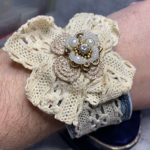 OOAK Jean Bracelet With Lace Pearls and Rhinestones, repurposed jewelry